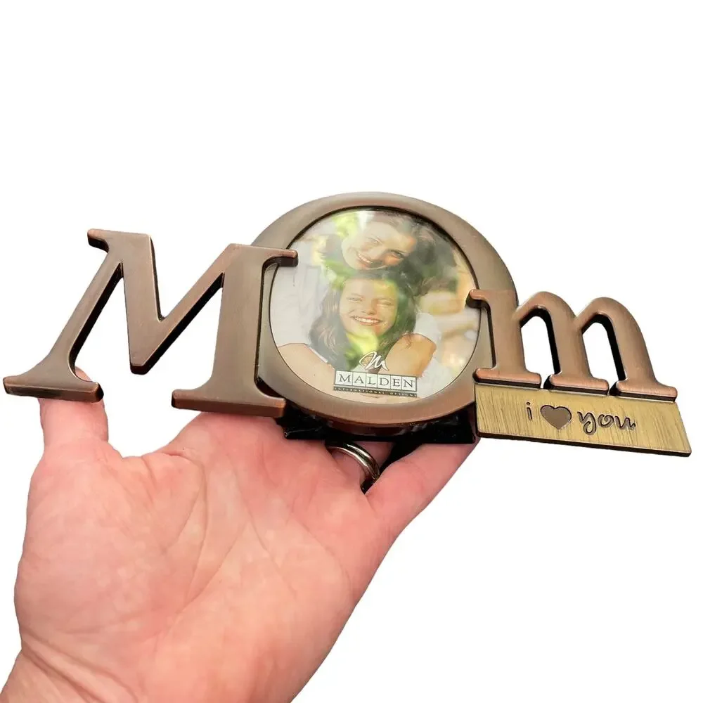 Bronze Tone Metal MOM Photo Frame Oval Picture I Love You Spelled Malden NOS